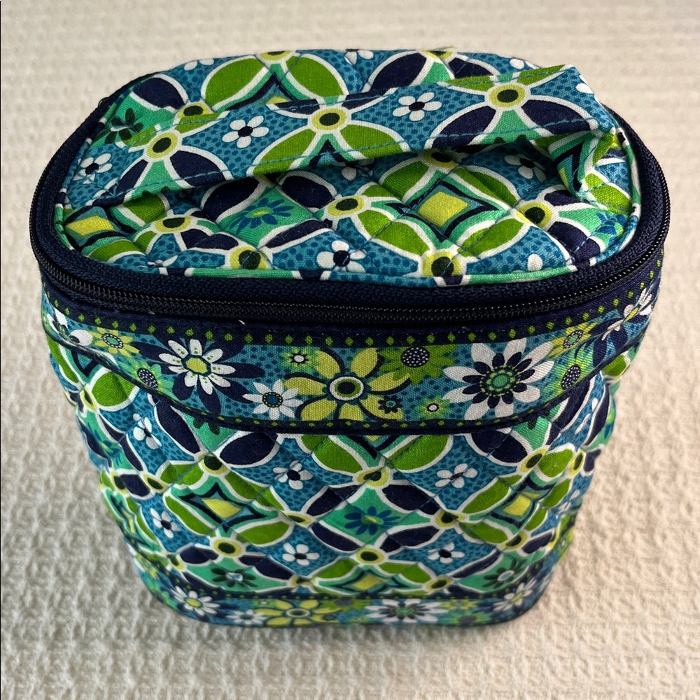 Vera Bradley- top handle upright cosmetic bag, zipper, bright lime, navy, white